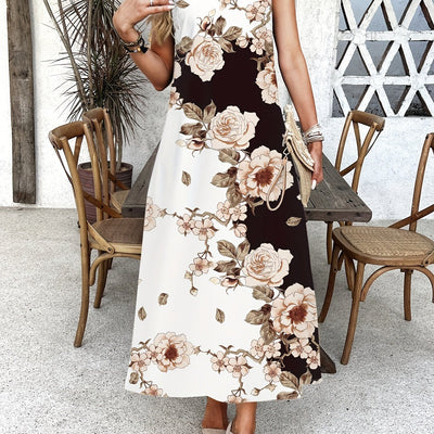 Indigo - Boho Chic Kwiatowa Sukienka Maxi z Dekoltem w Serek