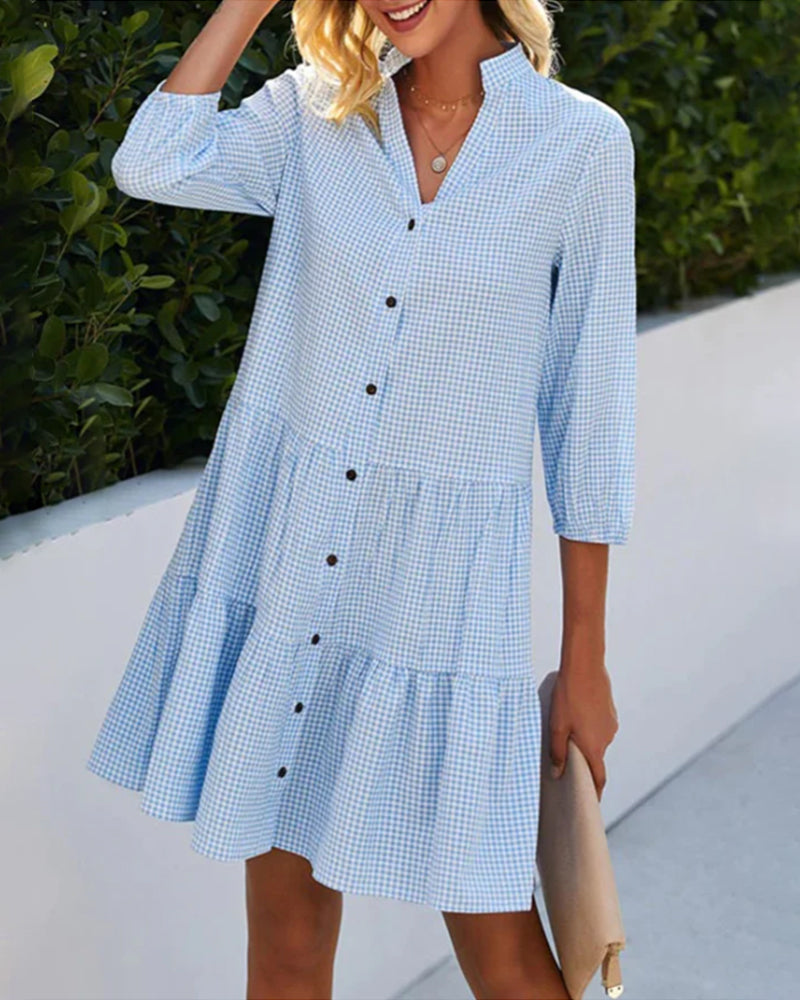 Zuri - Damska Luźna Koszula Stylu V-Neck Mini Sukienka