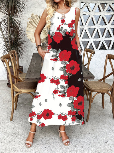 Indigo - Boho Chic Kwiatowa Sukienka Maxi z Dekoltem w Serek