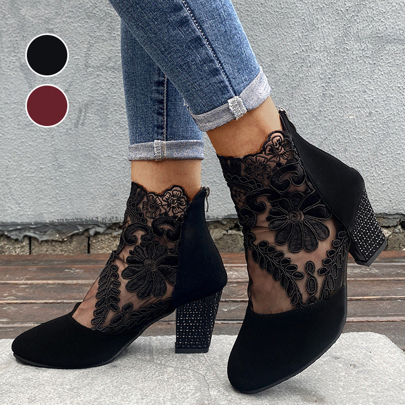 Berenika | Eleganckie koronkowe buty do kostki z blokowym obcasem