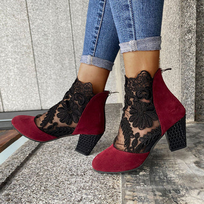 Berenika | Eleganckie koronkowe buty do kostki z blokowym obcasem