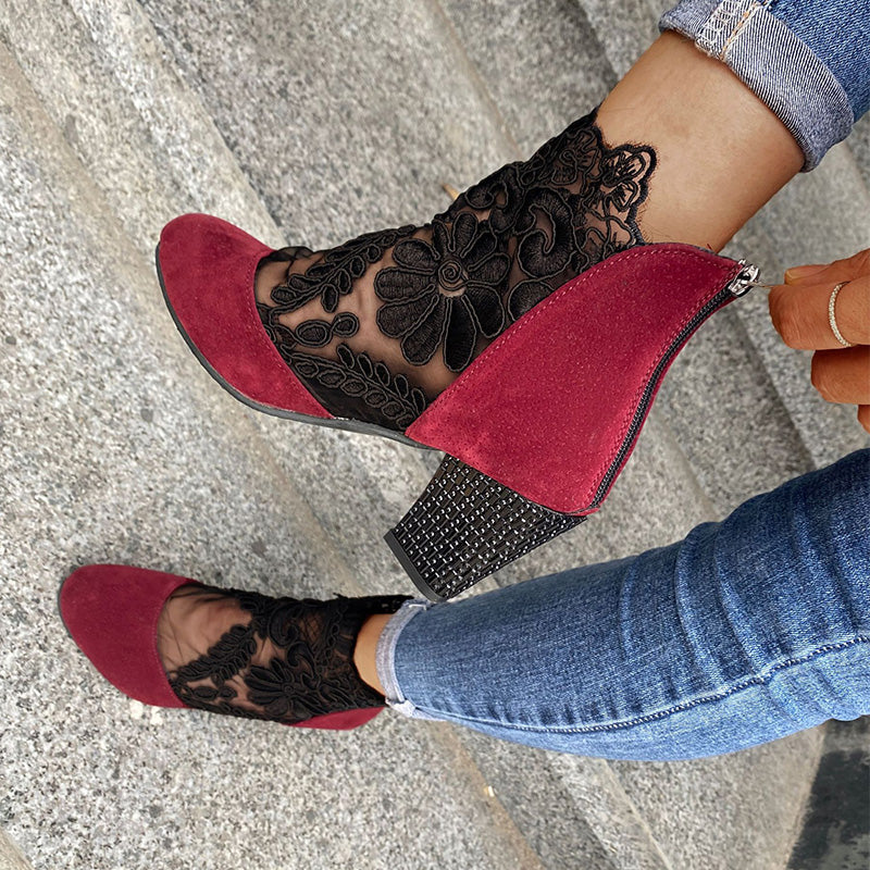 Berenika | Eleganckie koronkowe buty do kostki z blokowym obcasem