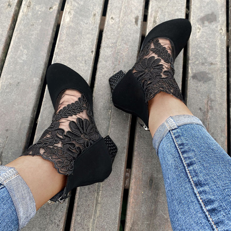 Berenika | Eleganckie koronkowe buty do kostki z blokowym obcasem