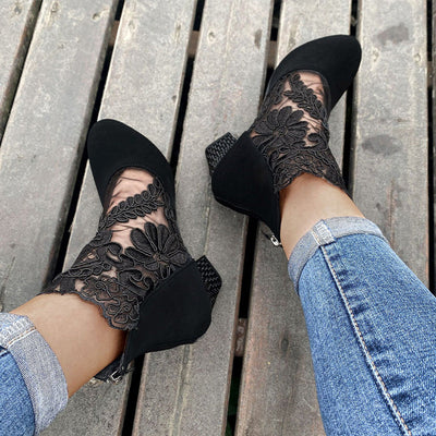 Berenika | Eleganckie koronkowe buty do kostki z blokowym obcasem
