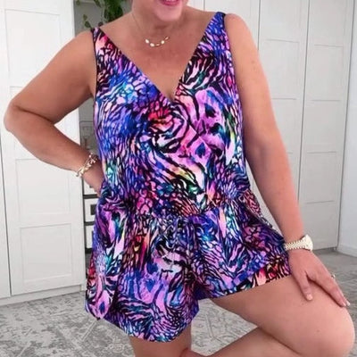 Ilona | Strój kąpielowy bez rękawów z nadrukowanym dekoltem w szpic