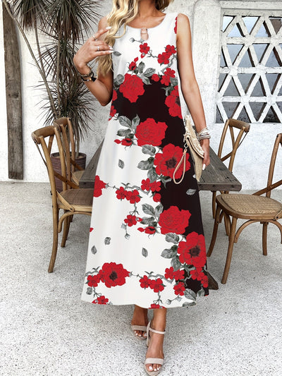 Indigo - Boho Chic Kwiatowa Sukienka Maxi z Dekoltem w Serek
