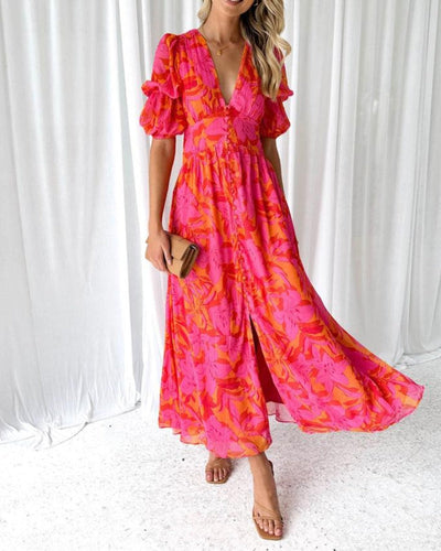 Clara – Elegancka Sukienka Maxi z Dekoltem w Serek i Bufiastymi Rękawami
