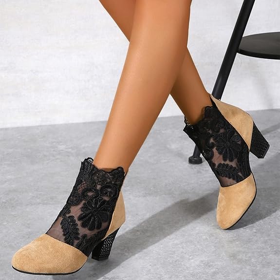 Berenika | Eleganckie koronkowe buty do kostki z blokowym obcasem