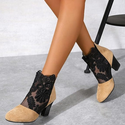 Berenika | Eleganckie koronkowe buty do kostki z blokowym obcasem