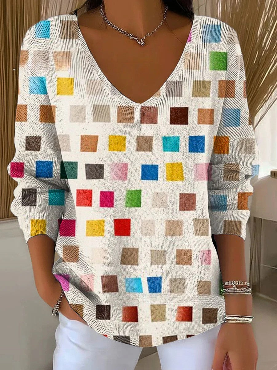 Beatrice – Kolorowy sweter z dekoltem w serek