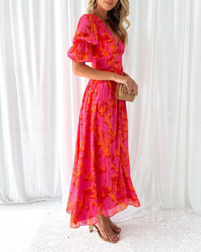 Clara – Elegancka Sukienka Maxi z Dekoltem w Serek i Bufiastymi Rękawami