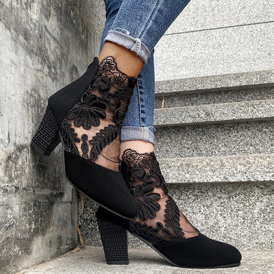 Berenika | Eleganckie koronkowe buty do kostki z blokowym obcasem