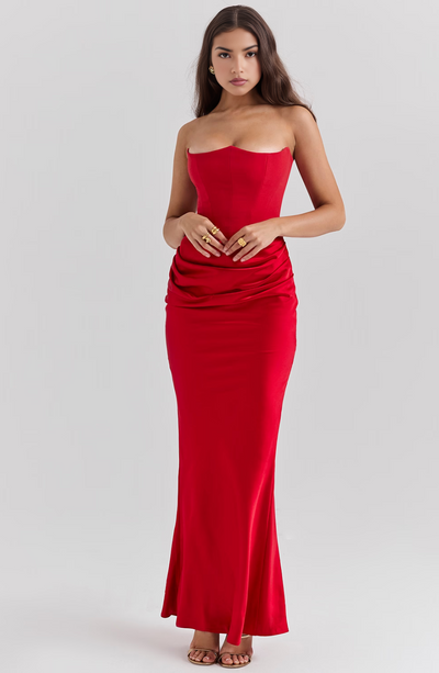 Hera - Elegancka Retro Sukienka na Imprezę Bez Ramiączek w Jednolitym Kolorze