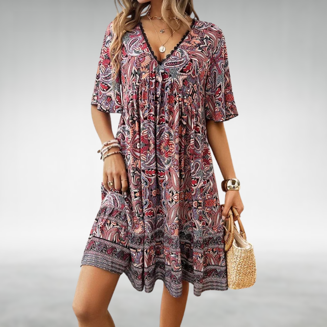 Adriana - Letnia Sukienka Mini w Stylu Boho z Wzorem Paisley