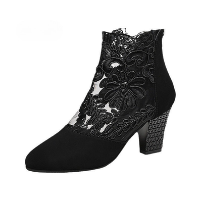 Berenika | Eleganckie koronkowe buty do kostki z blokowym obcasem