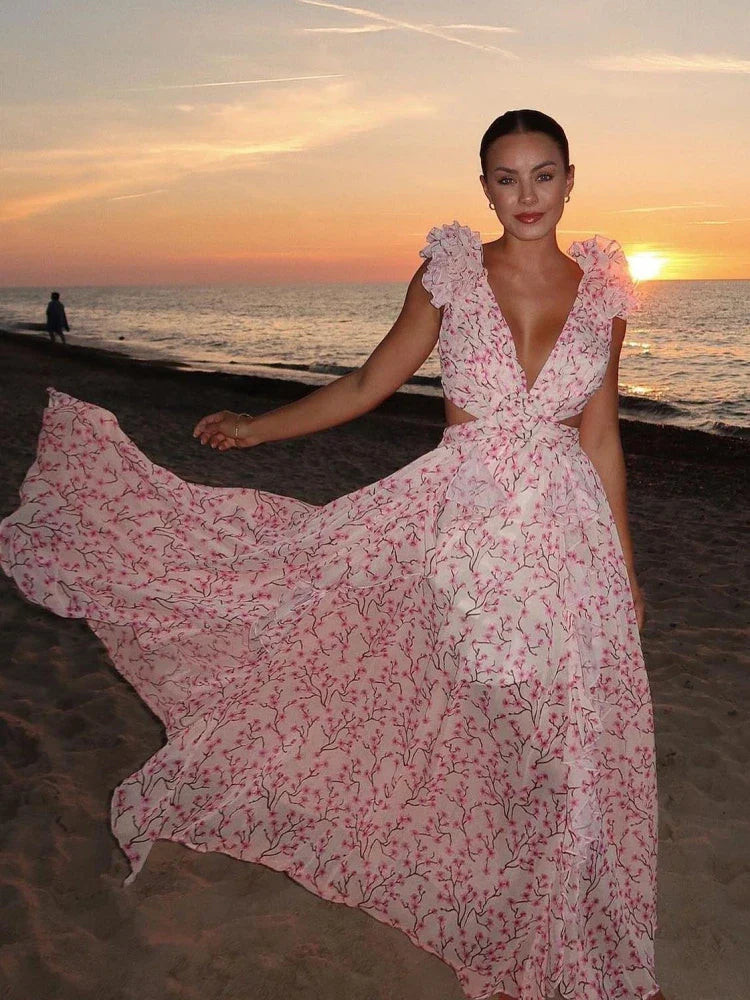 Aurora - Elegancka Sukienka Maxi z Odkrytym Plecami i Falbanami