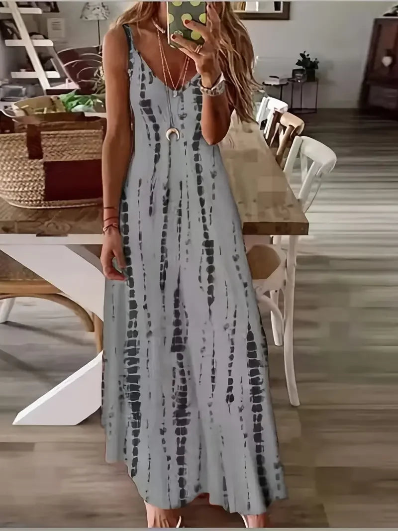 Seren - Damska sukienka maxi z dekoltem w serek i tie-dye