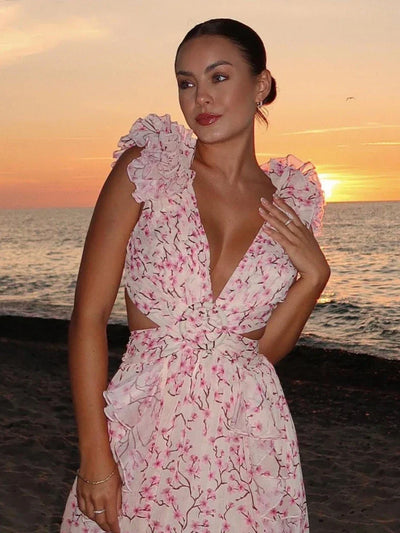 Aurora - Elegancka Sukienka Maxi z Odkrytym Plecami i Falbanami