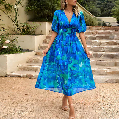 Everly - Midi Sukienka z Rękawami w Kształcie Lampionu w Stylu Vintage