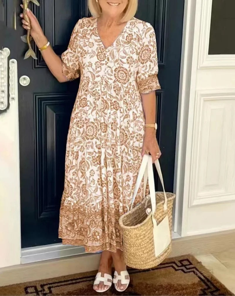 Luna - Elegancka Sukienka Kwiatowa z Dekoltem w Serek