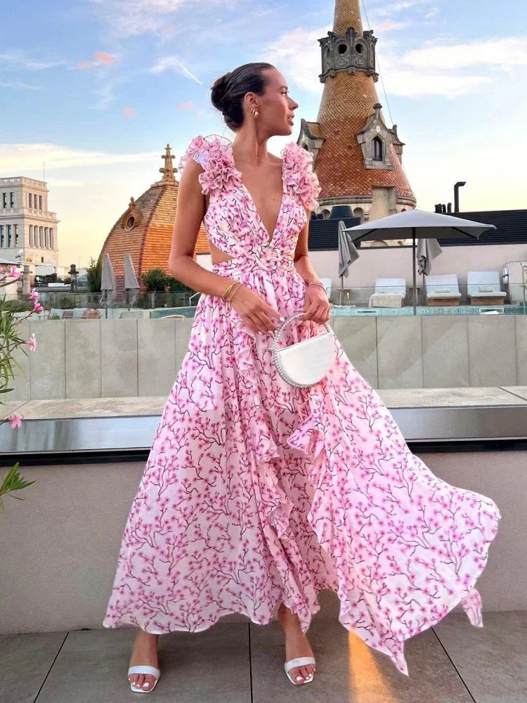 Aurora - Elegancka Sukienka Maxi z Odkrytym Plecami i Falbanami