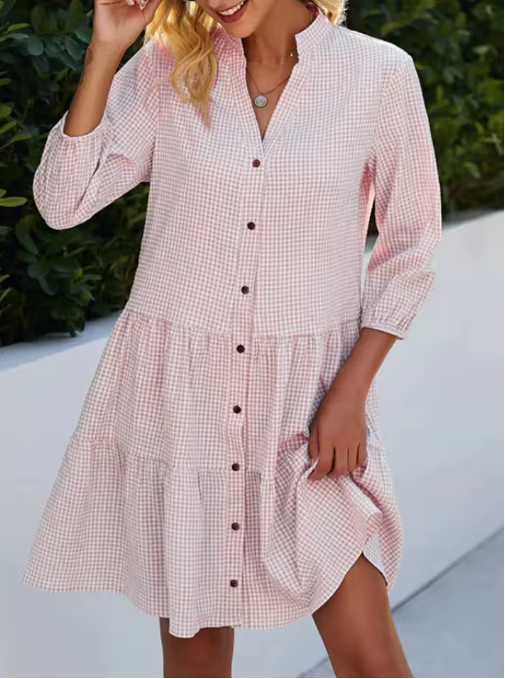 Zuri - Damska Luźna Koszula Stylu V-Neck Mini Sukienka