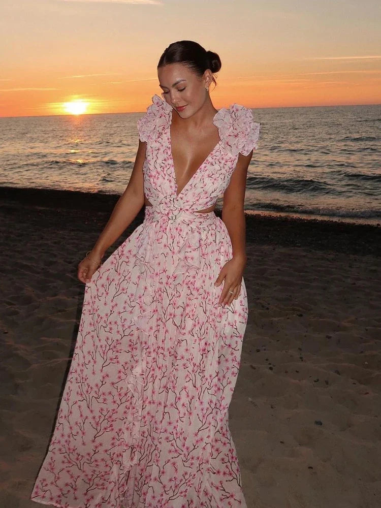 Aurora - Elegancka Sukienka Maxi z Odkrytym Plecami i Falbanami