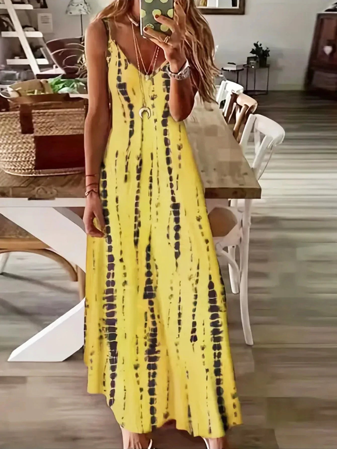 Seren - Damska sukienka maxi z dekoltem w serek i tie-dye