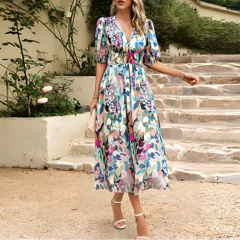 Everly - Midi Sukienka z Rękawami w Kształcie Lampionu w Stylu Vintage