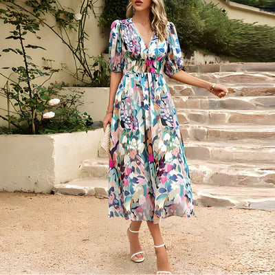 Everly - Midi Sukienka z Rękawami w Kształcie Lampionu w Stylu Vintage