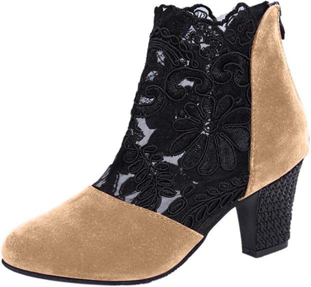 Berenika | Eleganckie koronkowe buty do kostki z blokowym obcasem