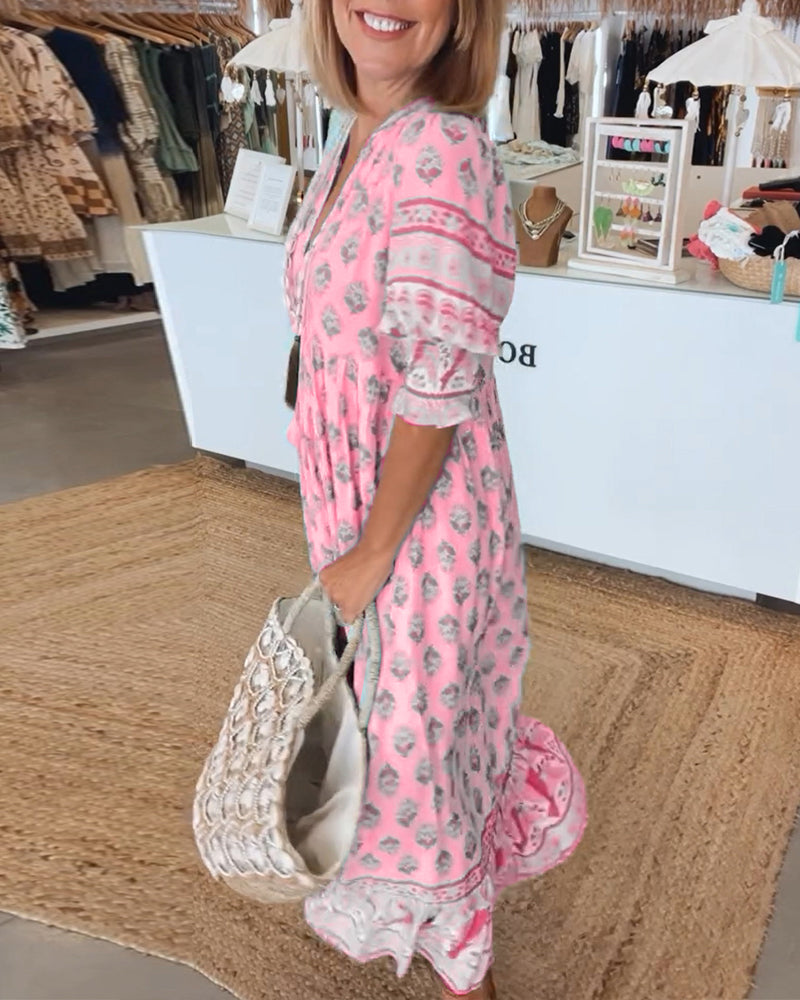 Jasmine - Luźna Sukienka Maxi z Długimi Rękawami Lampionowymi w Stylu Boho