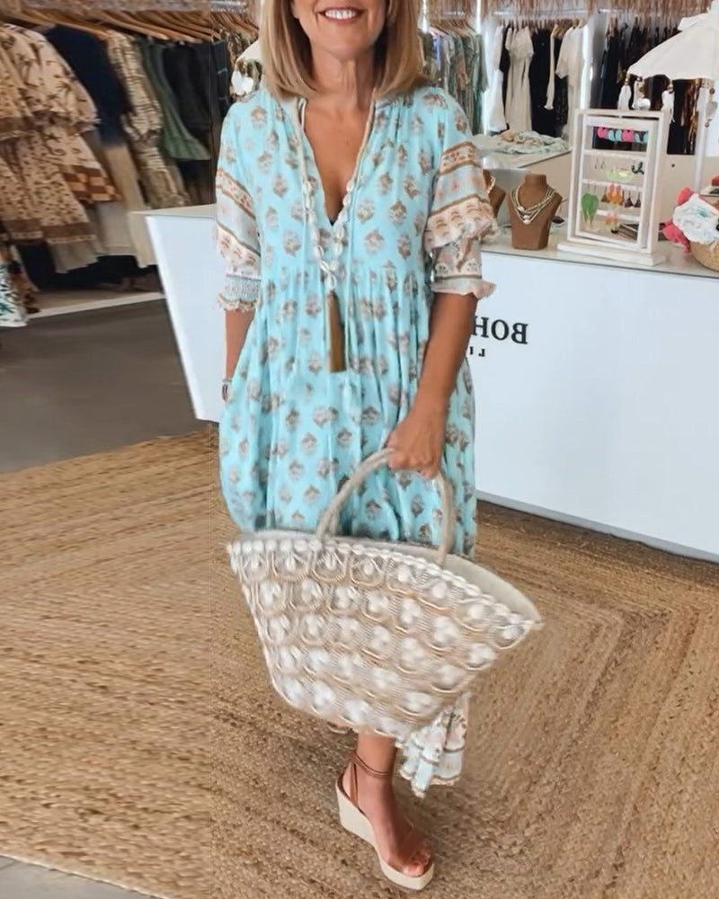 Jasmine - Luźna Sukienka Maxi z Długimi Rękawami Lampionowymi w Stylu Boho