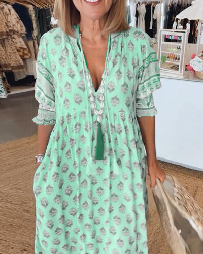 Jasmine - Luźna Sukienka Maxi z Długimi Rękawami Lampionowymi w Stylu Boho