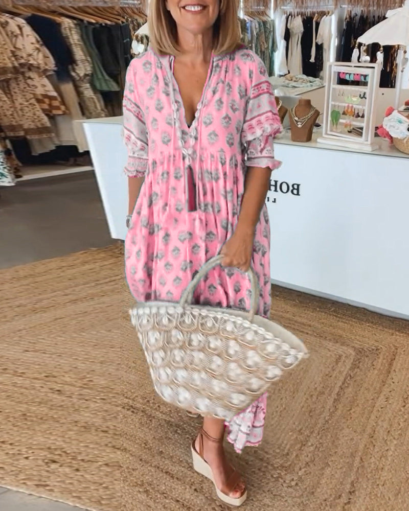 Jasmine - Luźna Sukienka Maxi z Długimi Rękawami Lampionowymi w Stylu Boho