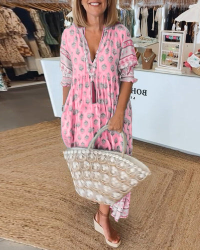 Jasmine - Luźna Sukienka Maxi z Długimi Rękawami Lampionowymi w Stylu Boho