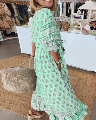 Jasmine - Luźna Sukienka Maxi z Długimi Rękawami Lampionowymi w Stylu Boho