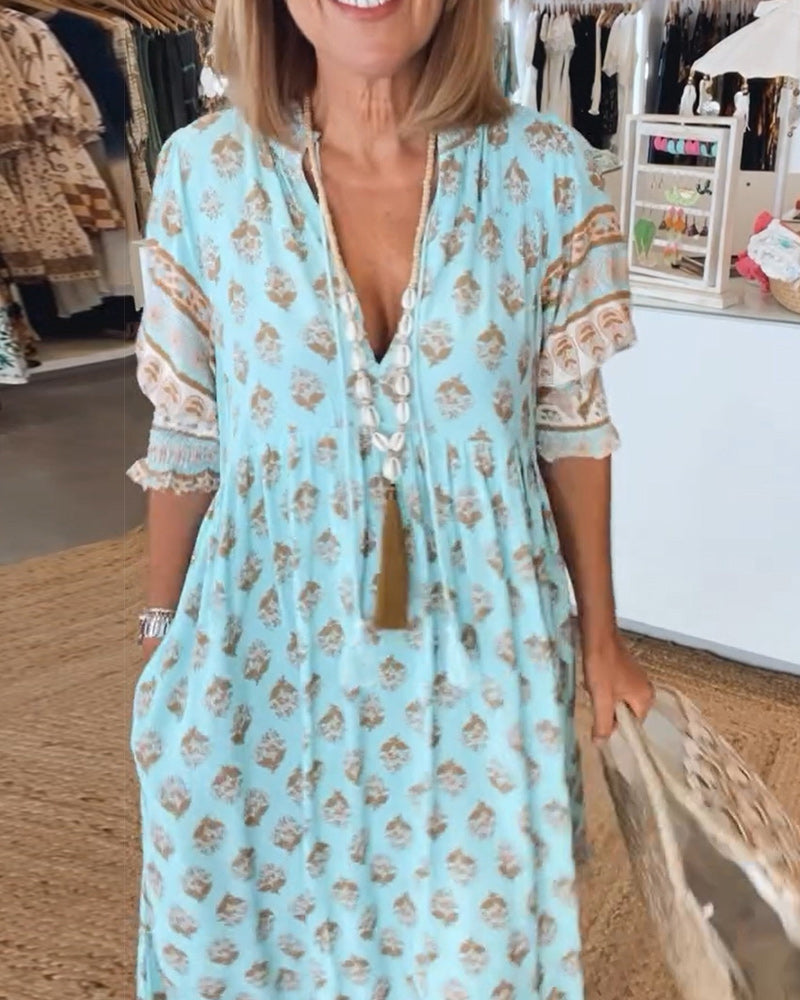 Jasmine - Luźna Sukienka Maxi z Długimi Rękawami Lampionowymi w Stylu Boho