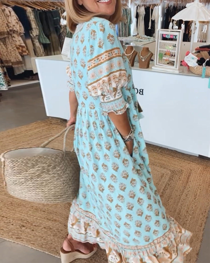 Jasmine - Luźna Sukienka Maxi z Długimi Rękawami Lampionowymi w Stylu Boho