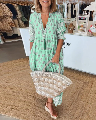 Jasmine - Luźna Sukienka Maxi z Długimi Rękawami Lampionowymi w Stylu Boho