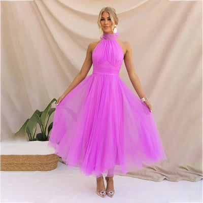 Pearlina - Elegancka Sukienka z Siatki z Wysokim Kołnierzem