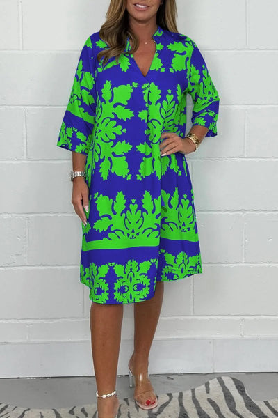 Kenzie - Boho Retro Print Sukienka z Dekoltem w Serek i Krótkimi Rękawami