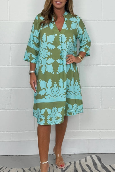 Kenzie - Boho Retro Print Sukienka z Dekoltem w Serek i Krótkimi Rękawami