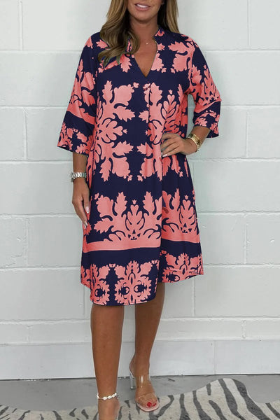Kenzie - Boho Retro Print Sukienka z Dekoltem w Serek i Krótkimi Rękawami