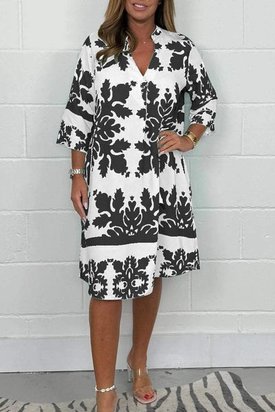 Kenzie - Boho Retro Print Sukienka z Dekoltem w Serek i Krótkimi Rękawami