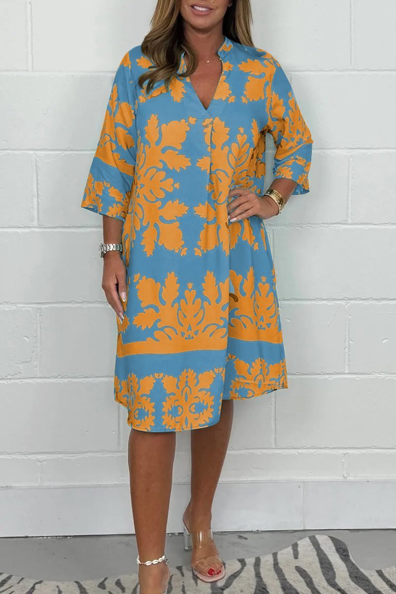 Kenzie - Boho Retro Print Sukienka z Dekoltem w Serek i Krótkimi Rękawami
