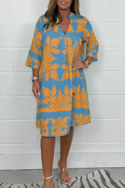 Kenzie - Boho Retro Print Sukienka z Dekoltem w Serek i Krótkimi Rękawami