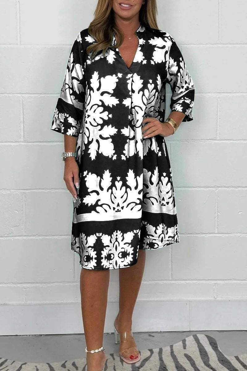 Kenzie - Boho Retro Print Sukienka z Dekoltem w Serek i Krótkimi Rękawami