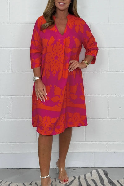 Kenzie - Boho Retro Print Sukienka z Dekoltem w Serek i Krótkimi Rękawami
