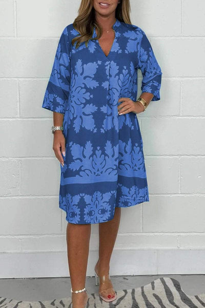 Kenzie - Boho Retro Print Sukienka z Dekoltem w Serek i Krótkimi Rękawami
